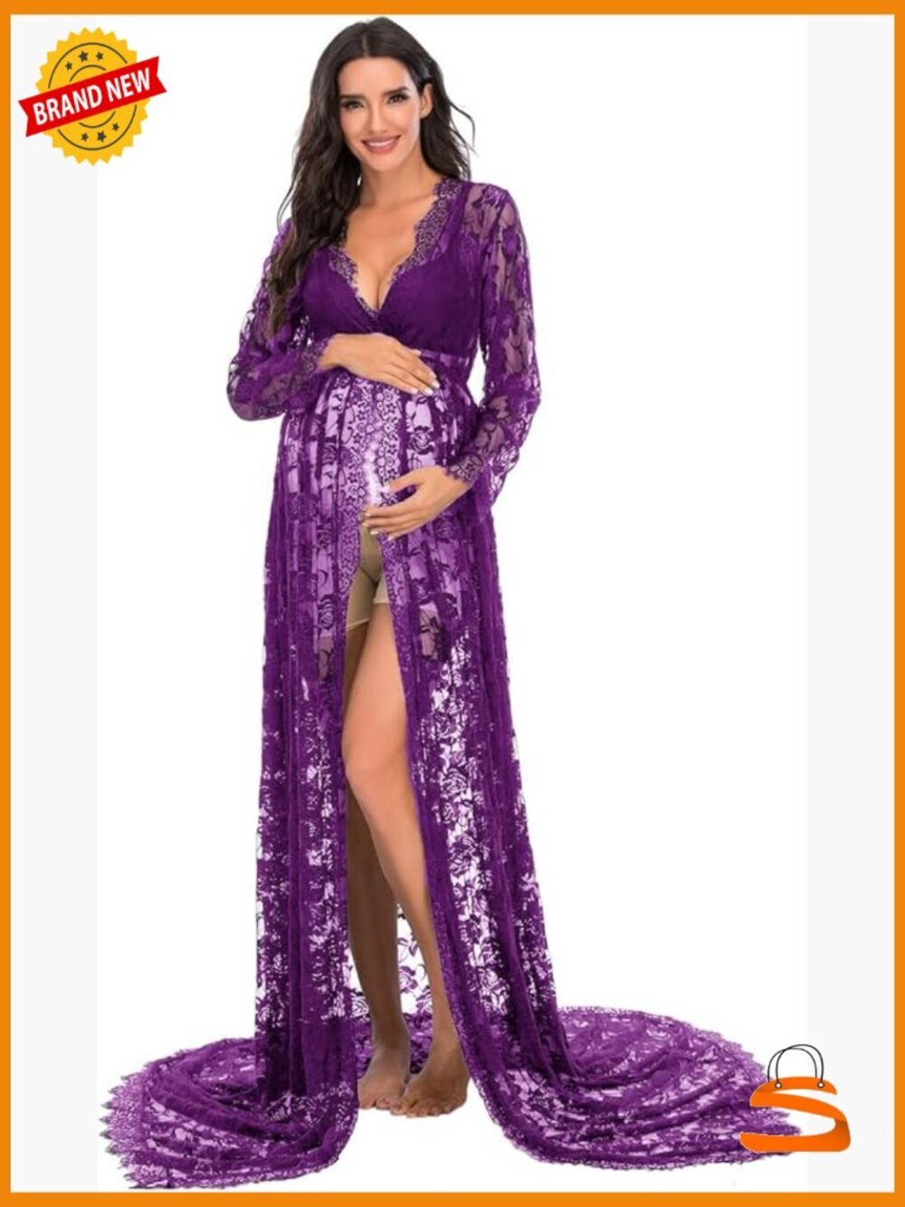 Maternity Deep V-Neck Sheer Lace Maxi Dress with Long Sleeves